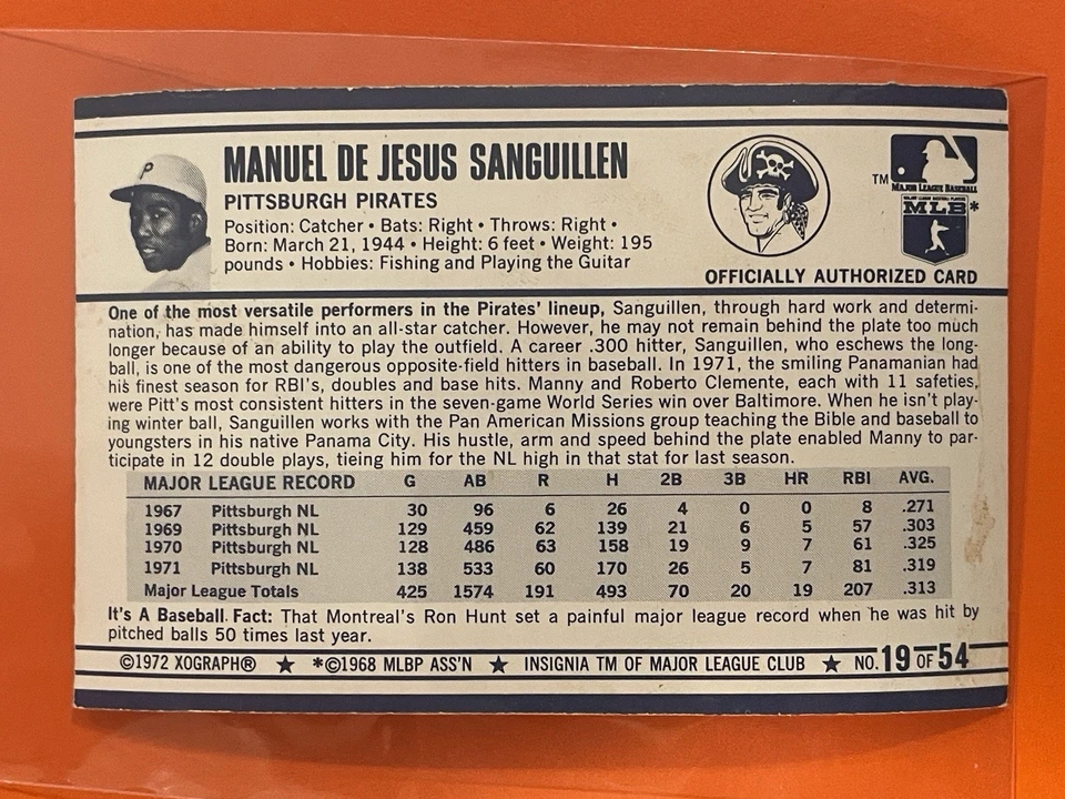 1972 Kellogg's 3-D Super Stars Manny Sanguillen #19 Vintage Baseball Pirates Foto 2 de 2