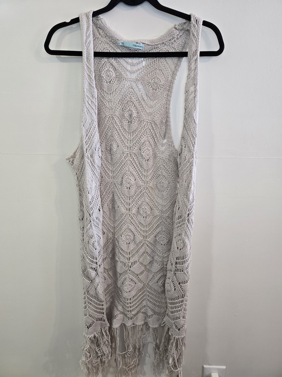 cream crochet fringe vest boho festival coastal cowgirl fairycore open knit LG
