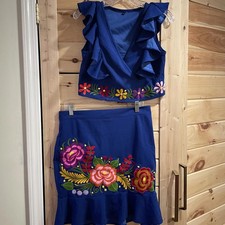 Women's Blue Floral Embroidered Skirt Suit Set
