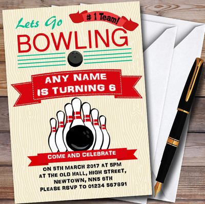 Retro Bowling No1 Team personalisierte Kinder Party Einladungen