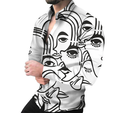 Button Down Shirts Men Abstract Face Eyes Long Sleeve Black White Silky Party Up