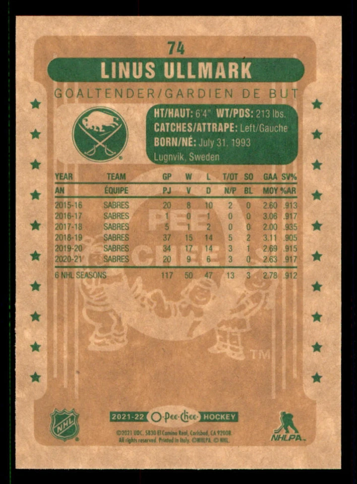 2021-22 O-Pee-Chee Retro #74 Linus Ullmark - Image 2 of 2