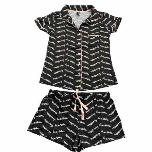 bebe Womens Pajama Sets Button Down Shirt and Shorts Sleepwear Black Pink Size S