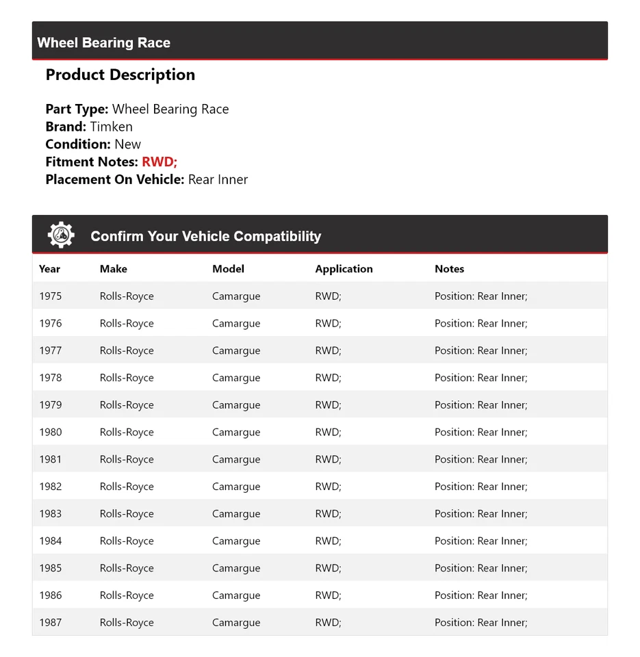 Rodamiento de rueda interior trasero Timken 1976 para Rolls-Royce Camargue 1975-1987 tracción trasera Foto 2 de 4