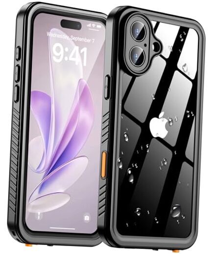 for Case Waterproof, [Built-in Screen Protector & Lens iPhone 16 Black/Clear