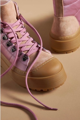Anthropologie Maeve Hiker Boot Pink Satin Tan Suede Rubber Lace Up 40/ 9-9.5 NEW - Picture 10 of 10