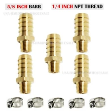 (5 Pack) 5/8" Hose Barb X 1/4" MALE NPT Brass Pipe Fitting NPT Thread + Clamps