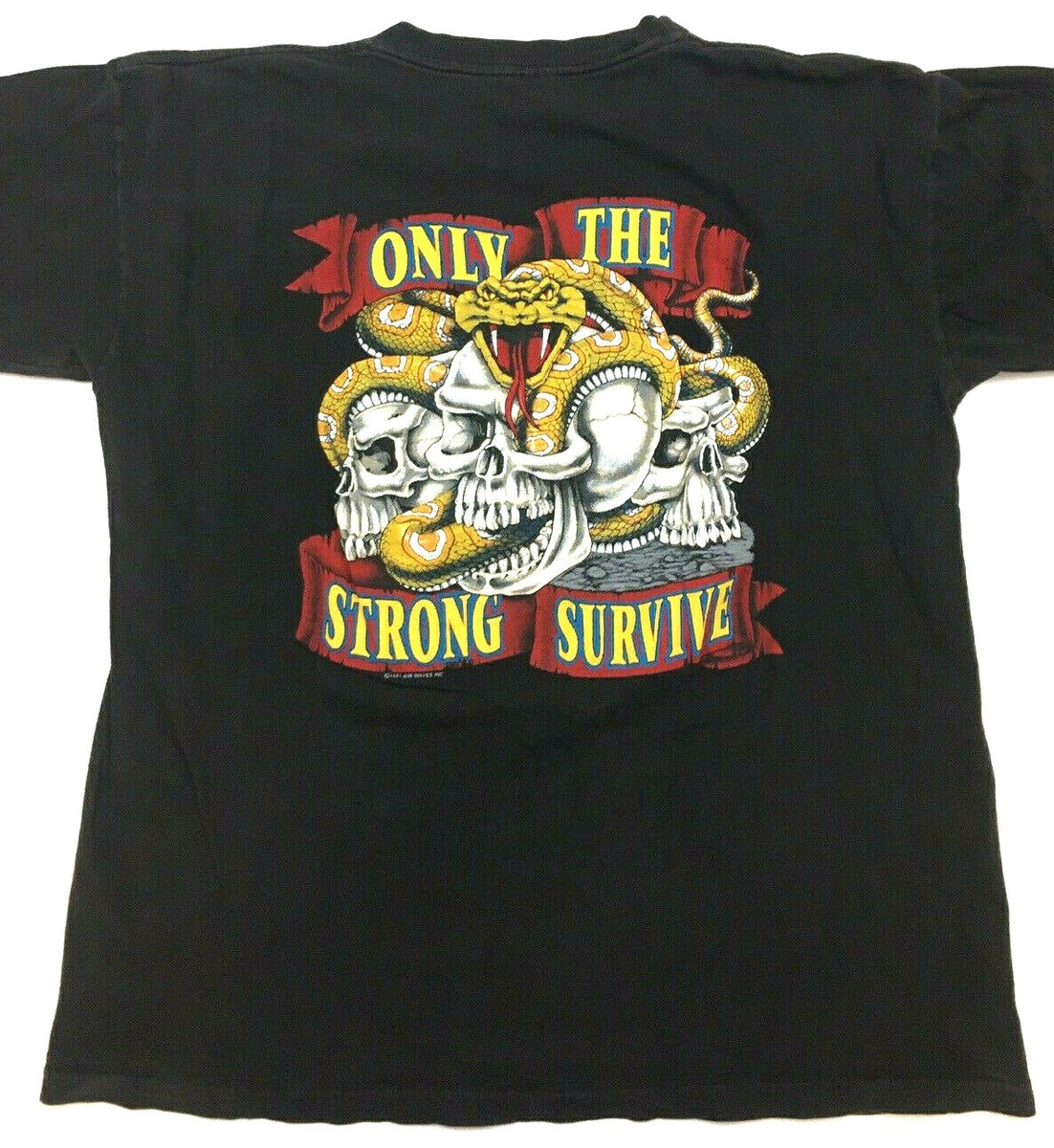 Vtg 90s Only The Strong Survive T-shirt 2 Sided Skulls Snake Bike