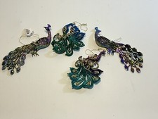 Set Of 4 Peacock Glitter Christmas Ornament Bird, Zoo Animal