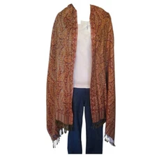 Shawl | Wool + Modal | Paisley Design | Handloomed | Tassels | Rust & Gold