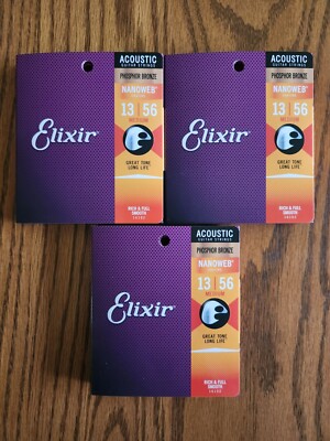3 SETS Elixir 16102 Nanoweb Phosphor Bronze Medium Guitar Strings 13-56