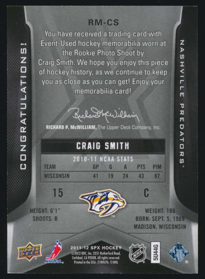 2011-12 UD SPx Rookie Materials Craig Smith Jersey 1 color #RM-CS - Image 2 of 2