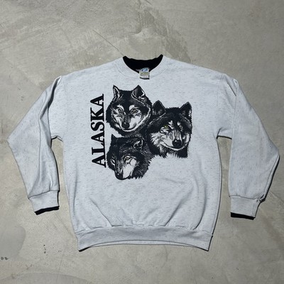 Vintage Alaska 3 Wolf Head Pack Crewneck Sweatshirt SZ L 90s USA Nature Animals