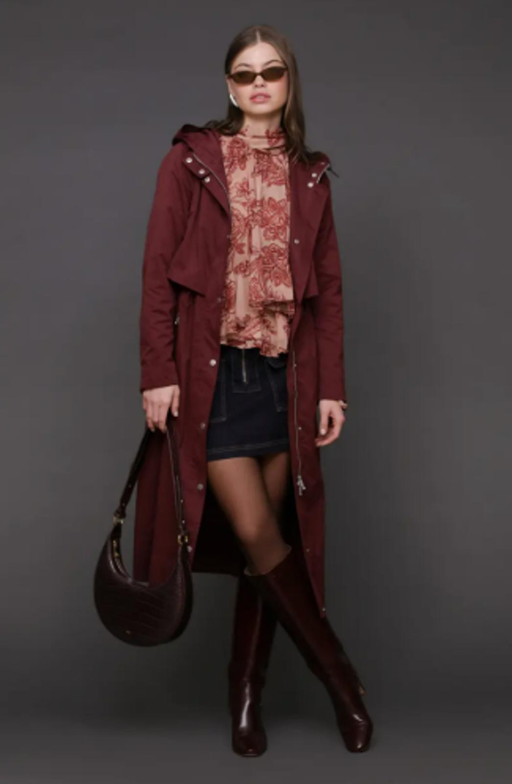 Avec Les Filles Burgundy Hooded Long Raincoat Jacket Size Small NWT