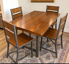Industrial 5-Piece Rectangular Wood & Metal Dining Set, Upholstered Chairs
