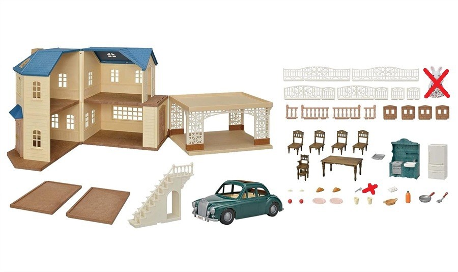 Sylvanian Families Blue Roof House with Carport – Deluxe  Set Incomplete, No box