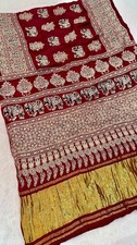 Women's Handblock Maroon Modal Silk Ajrakh Mirror Work Saree With Blouse Piece