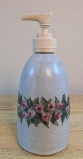 Art Pottery Stoneware Soap Dispenser w/ Pump Floral Rose On Blue Grey Signed EUC