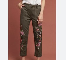 Anthropologie Embroidered Utility olive green pants women's sz 30 boho hippie