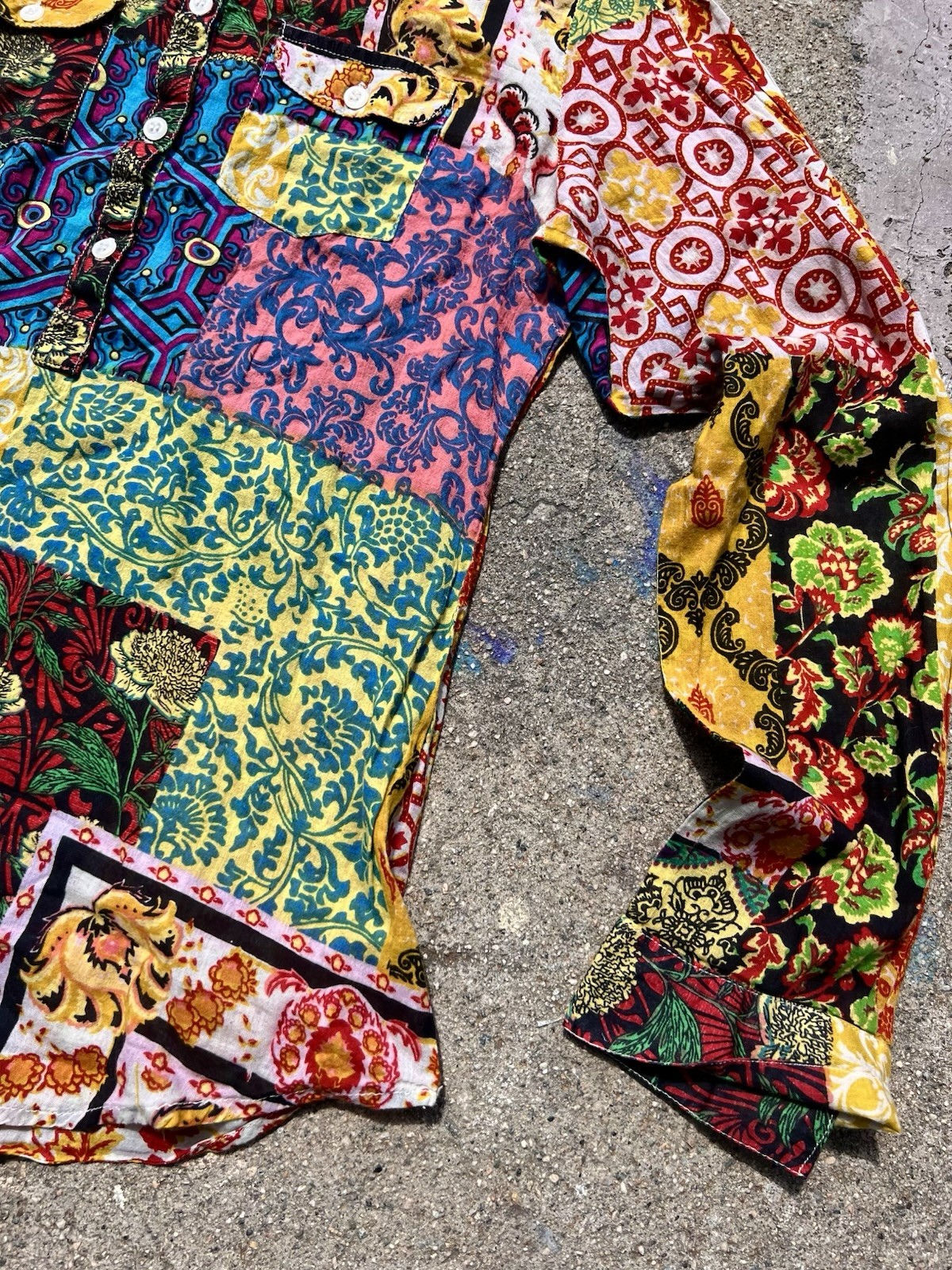 Multicolored Patchwork Dye Cotton Daisy Blouse - … - image 5