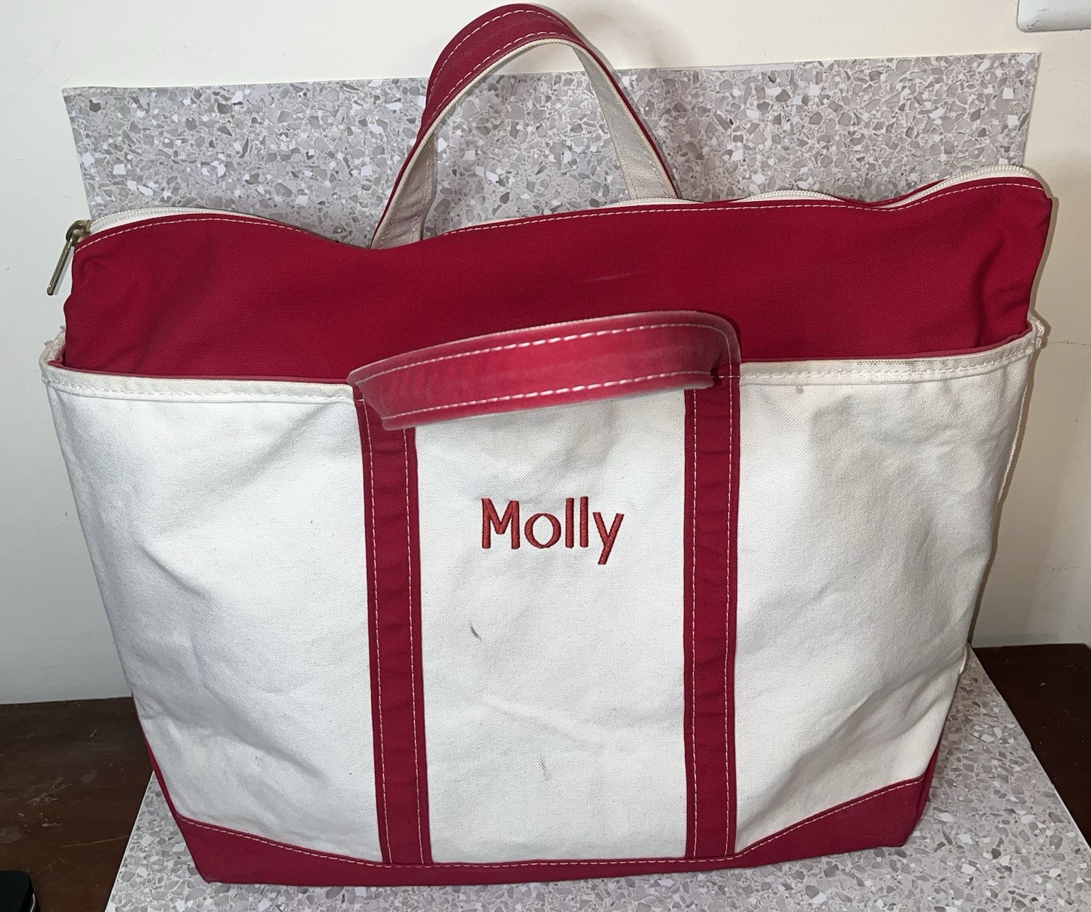 LL Bean Red Distressed Zip Top Boat Tote Personalized Made in USA Molly