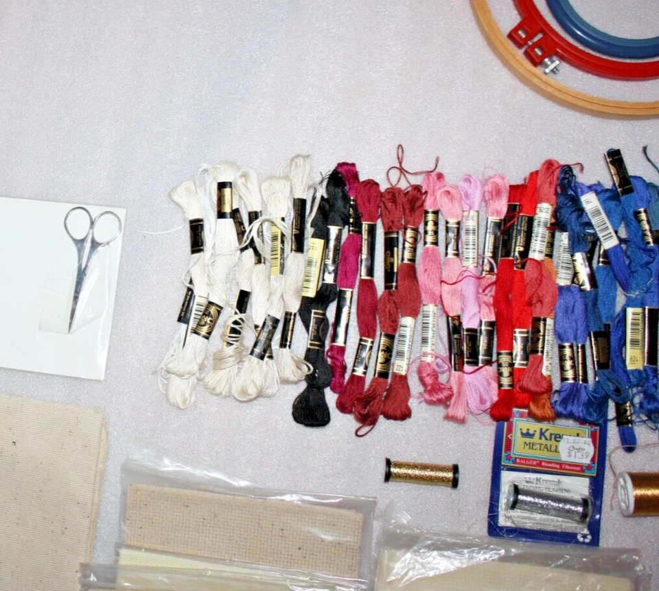 Lot Of Embroidery DMC floss/metallic Threads, Hoops, Scissors, Aida Canvas pcs+ - Image 4 of 4