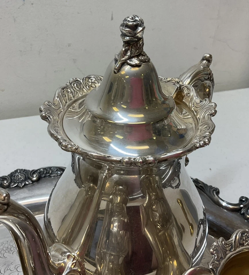 Juego de bandeja, café, té, azúcar y crema enchapada en plata Wallace Royal Rose Foto 3 de 4