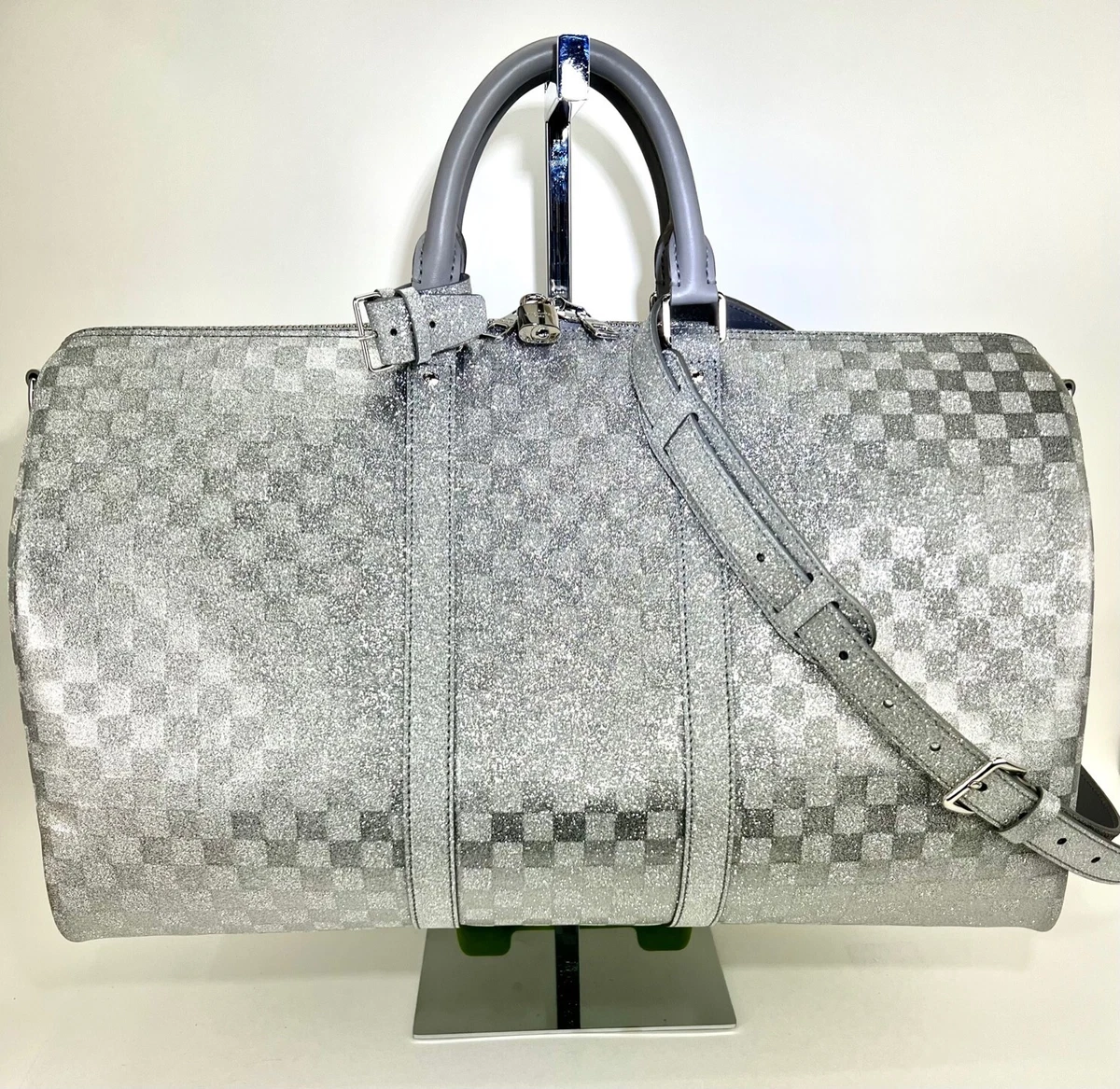 Louis Vuitton Duffle Keepall Bandouliere 50B Silver Glitter Damier Luggage