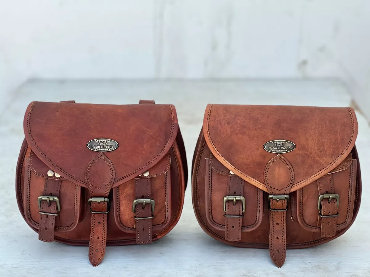 Pair Motorcycle Electric Bike Saddle Side Bag Real Vintage Leather Side Pouch