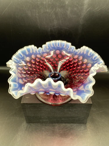 FENTON GLASS PLUM OPALESCENT HOBNAIL FOOTED CANDLE BOWL HOLDER EXCELLENT COND