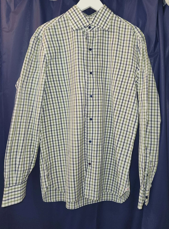 Isaia Napoli - Camisa de algodón blanca con cuadros azules y verdes - Talla 16,5/42 Foto 4 de 4