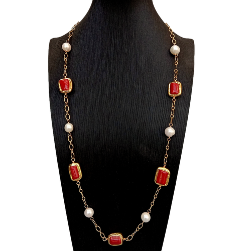 rectangle Red Coral Freshwater Cultured White Pearl Station Long Necklace 30" - Picture 2 of 6
