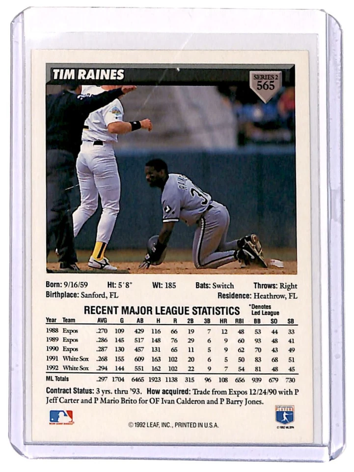 1993 Donruss Tim Raines Chicago White Sox #565 - Image 2 of 2