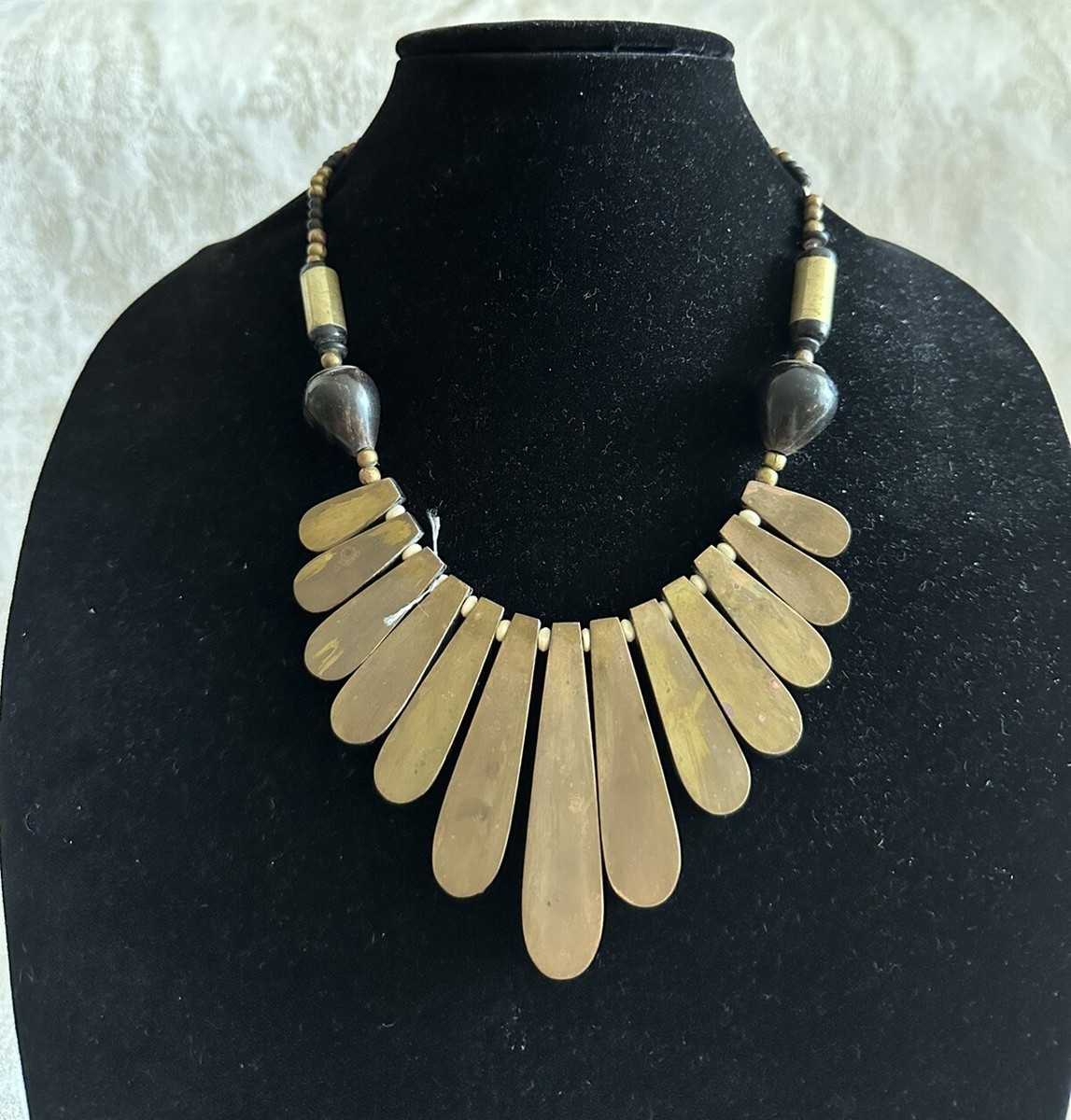 Vintage Wood Metal Statement Necklace One of a Kind Artisan Made