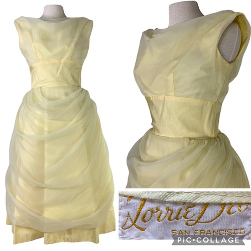 1960s VTG Draped Chiffon & Satin Layered Dress M 36 Bust Pale Yellow Prom Party - 第 1/12 張圖片