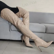 Women Thigh High Boots Nude V Cut Side Zip Thin High Heels Boots Over Knee Shoes