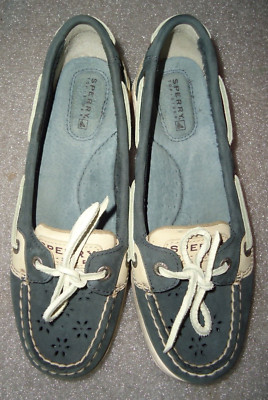 Sperry Top-Sider Women's Bluefish Boat Shoes Navy Leather Plaid Trim Size-5.5M