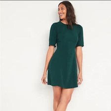 NWT Old Navy Emerald Isle Fit and Flare mini dress xs blue green puff sleeve