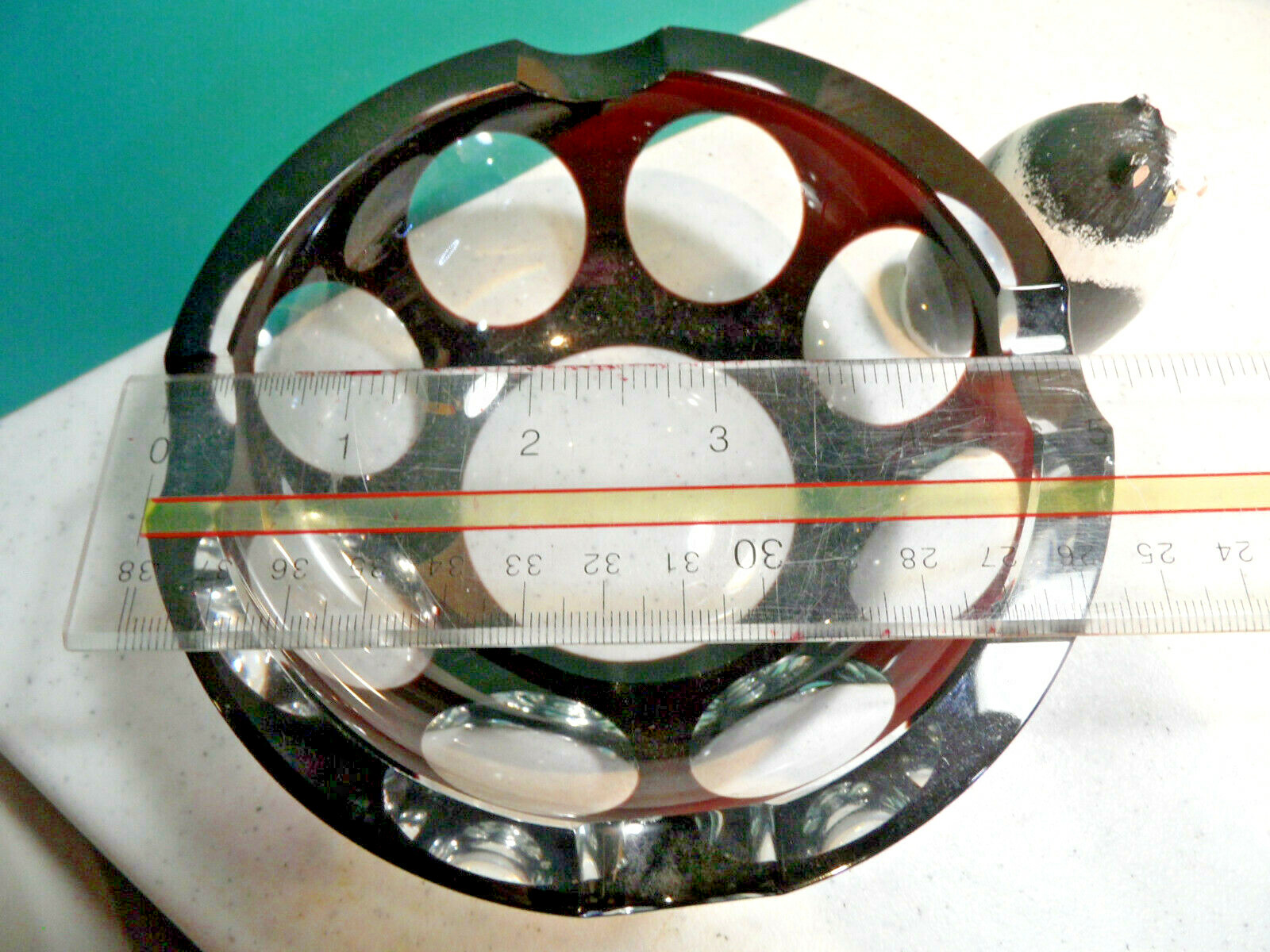 CRYSTAL ASHTRAY SIGNED VAL ST. LAMBERT, BELGIUM RUBY CUT TO CLEAR 1474