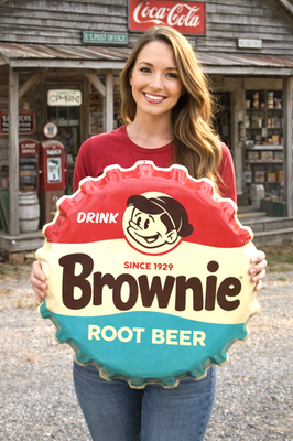 #ad Brownie ROOT BEER Soda 15quot; Bottle cap Metal Advertising Sign $45.00