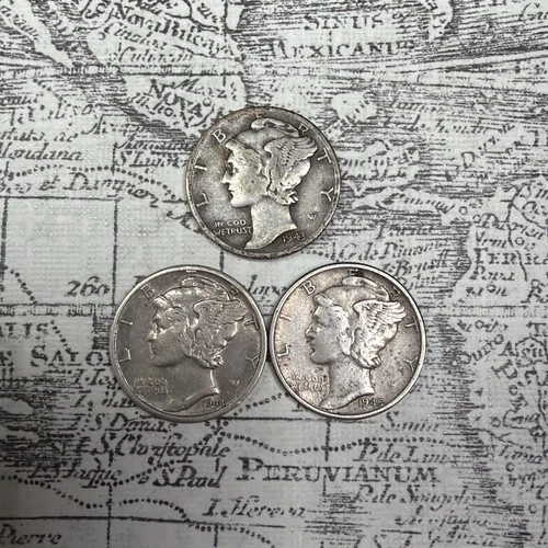 Lot of 3 Mercury Dimes 1943, 1944D, 1945 - F-VF EXACT coins pictured -MD16