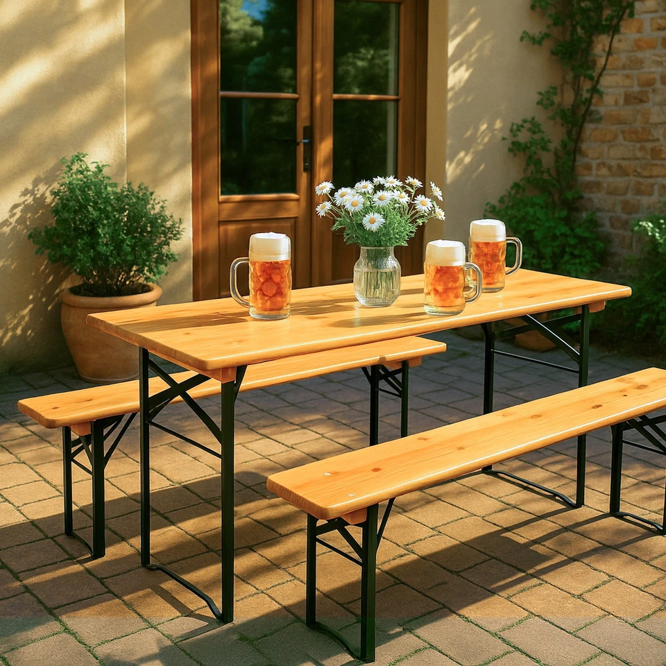 Table de Jardin Terasse Pliable Bois Extérieur Meuble Camping Bière Balcon 177cm - Photo 2/4