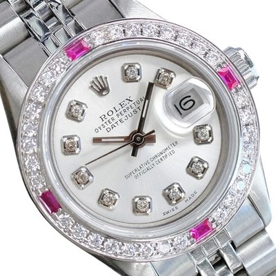 Rolex Datejust Steel Silver Diamond Dial Diamond Ruby Bezel Original Band Watch