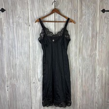 Velrose Black Lace Trim Slip Dress Average Size 32 Nylon Vintage LACE TORN READ