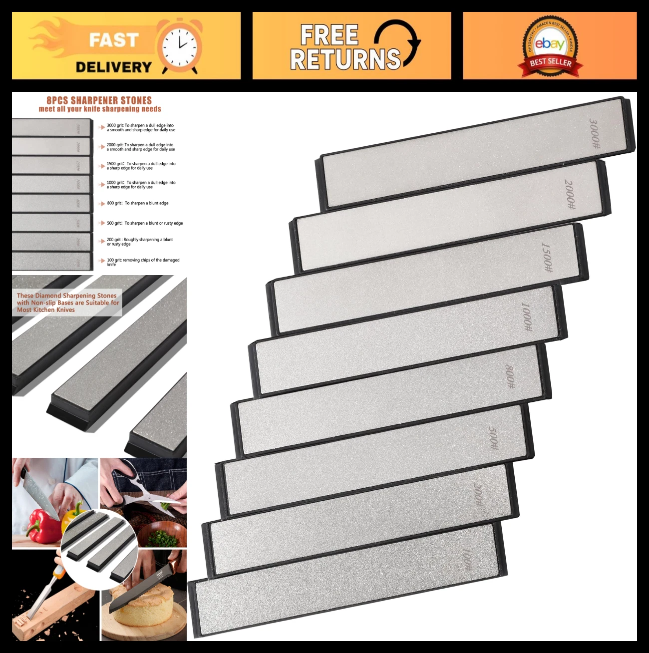 8 Pcs Diamond Knife Sharpening Stones Set - Professional Whetstone Kit with Base