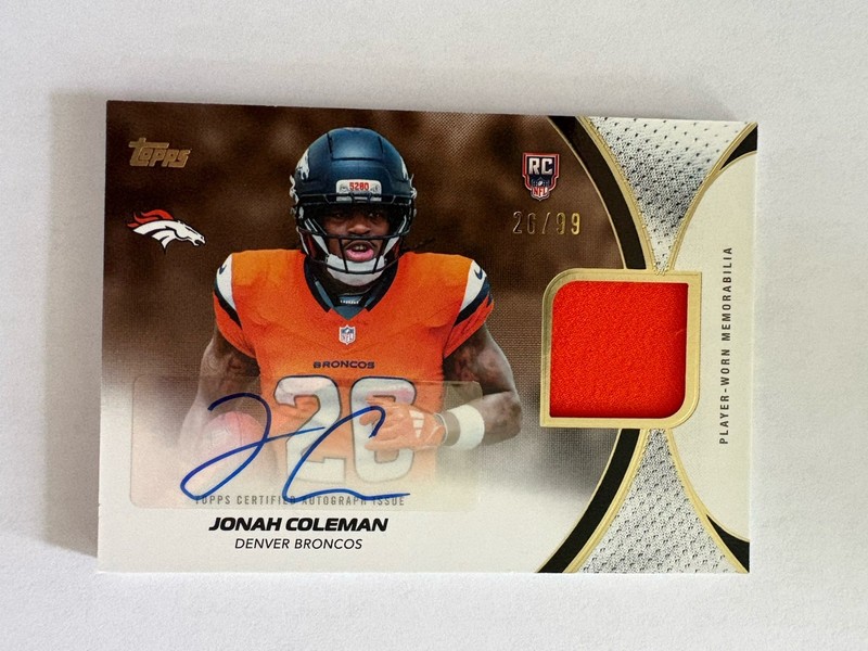 Jonah Coleman Topps 2026 Flagship Rookie Patch Auto NFLRMA-JC /99 TRUE RPA