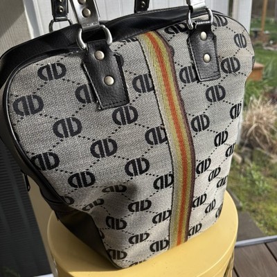 Vintage Brunswick Bowling Bag Black & Gray Monogram Pattern Handles Zip Closure
