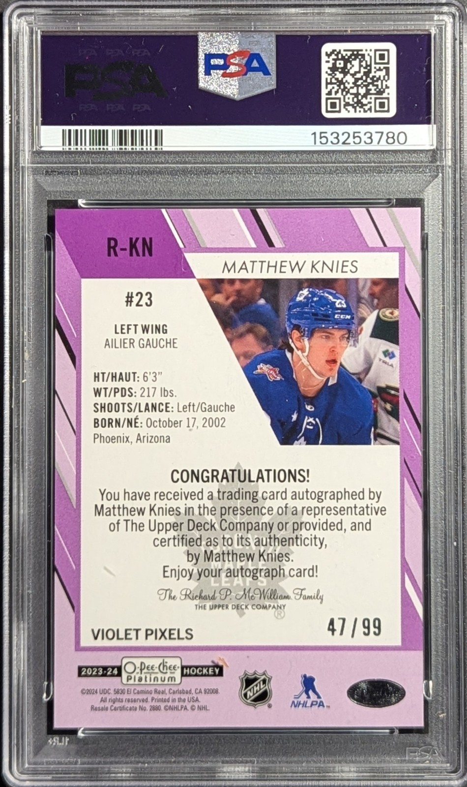 2023 O-PEE-CHEE OPC PLATINUM MATTHEW KNIES VIOLET PIXELS ROOKIE AUTO /99 PSA 10 view 2