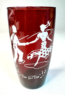 Vintage Do Si Do  Glass Square Dance Glass Tumbler Red Retro Countrycore