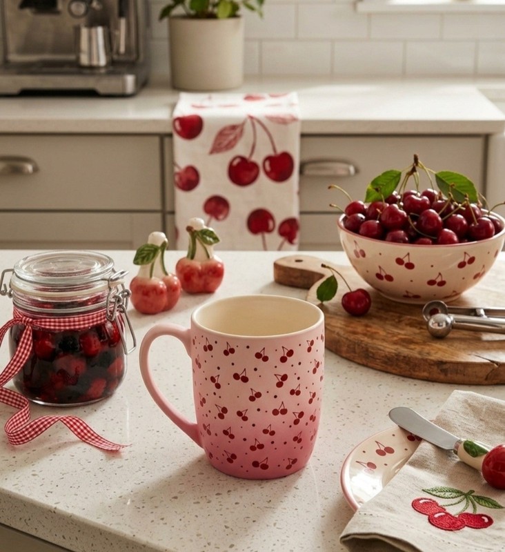 Petal & Pearl Soft Touch Ceramic Coquette Cherries and Pink Bows Coffee Mug 